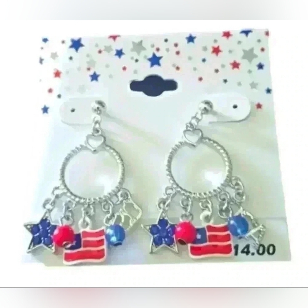 Red white and blue Fourth of July silver dangle earrings - Picture 2 of 2